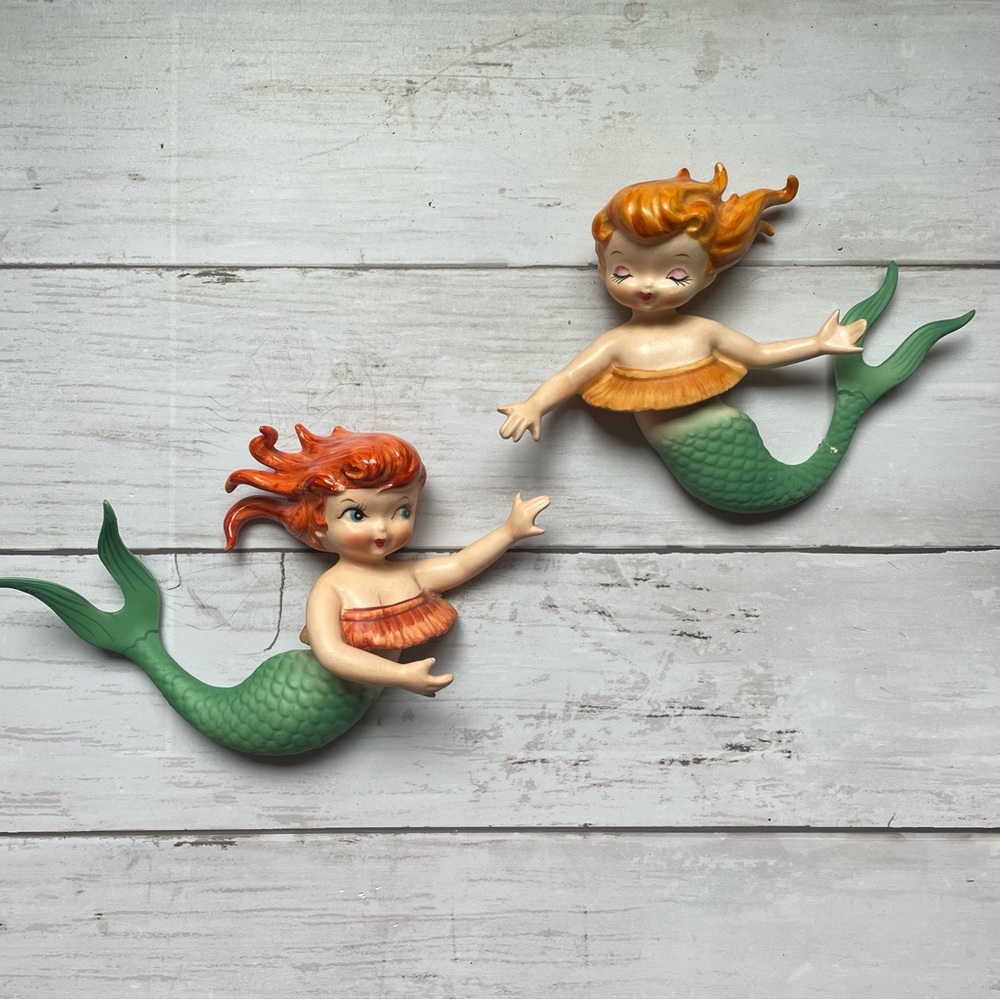 Vintage Lefton Vintage Bandeau Mermaid Wall Plaques 50s 60s MCM Moody Mod